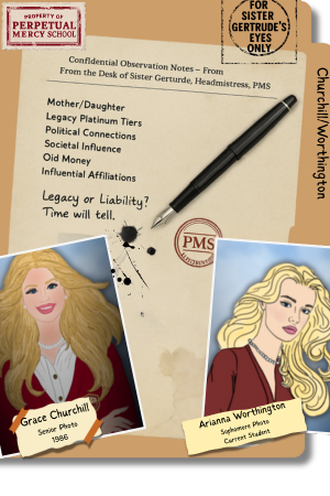 Sister Gertrude's secret Perpetual Mercy School file with Grace & Ari, Teen Boarding School Thriller novel, Sleep With One Eye Open by Lisa Alfano