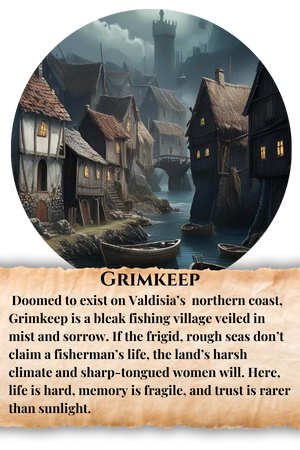 Grimkeep fishing village in northern region of Valdisia, in the fantasy kingdom of Iosia, Thorne Chronicles Teen YA Fantasy book series