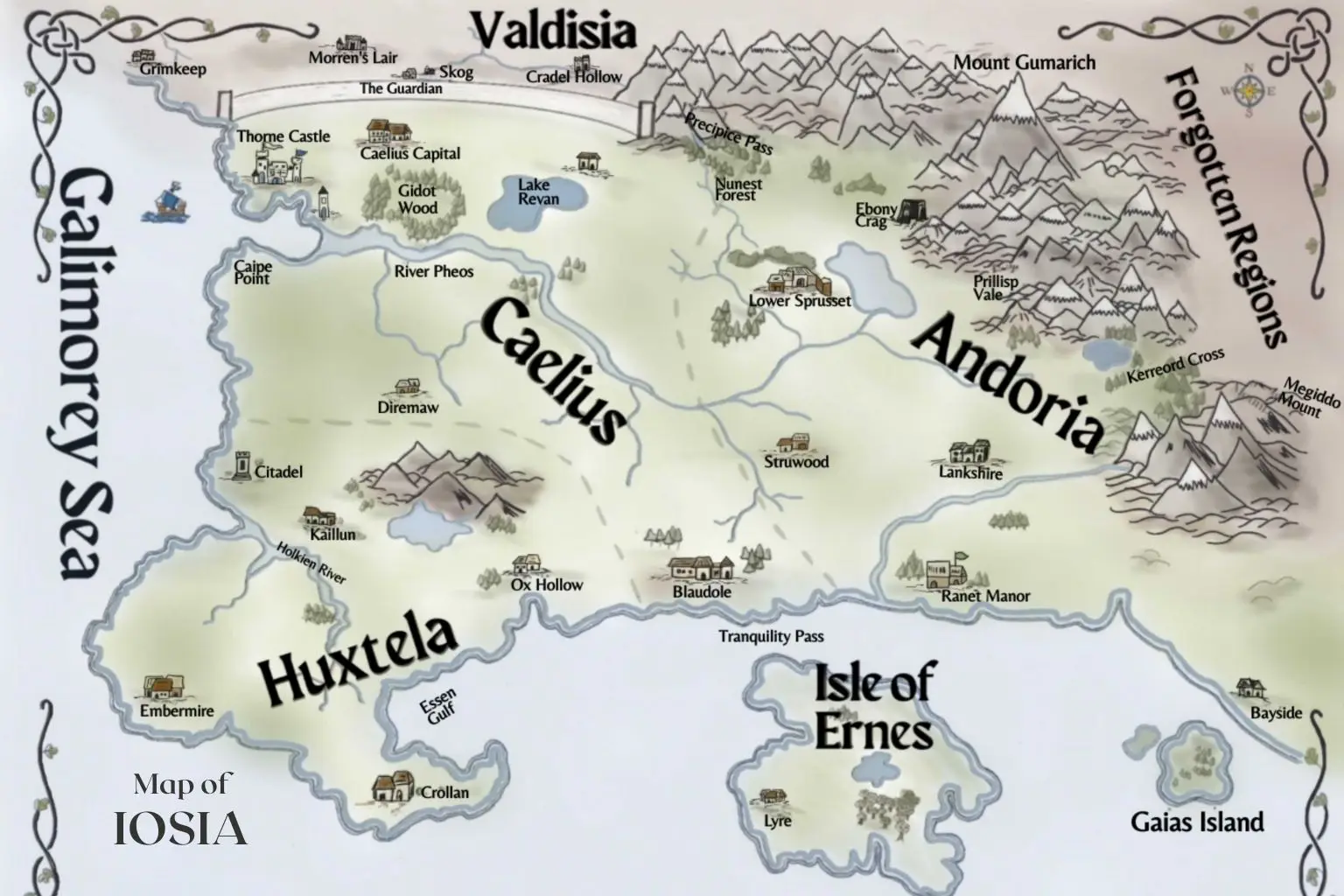 color fantasy map, fantasy kingdom of Iosia, Thorne Chronicles, teen/YA fantasy book series,