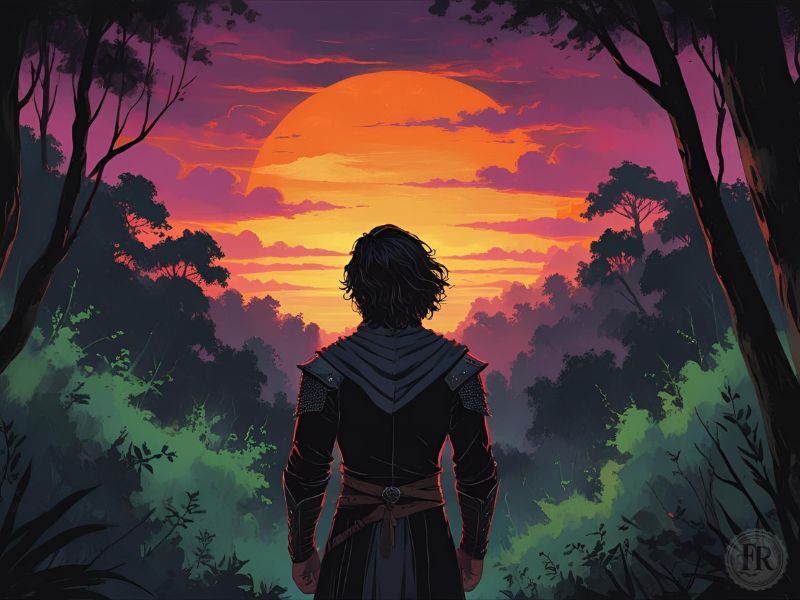 A medieval fantasy squire watching the sunrise over an enchanted forest