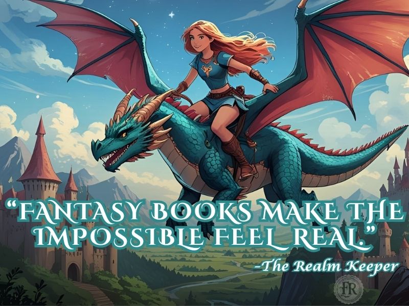 Fantasy Makes the Impossible Feel Real. Teen heroine riding a dragon over a fantasy kingdom, Flawed Realms
