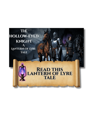 Fantasy medieval knight and squire with their horses in front of a mountain cave with the glowing fantasy Lantern of Lyre in the cave's entrance, Thorne Chronicles, Flawed Realms, Zelinda's Vault,