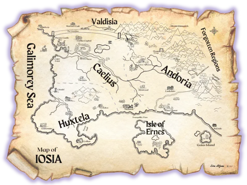 Fantasy map on parchment, Fantasy world of Iosia from Thorne Chronicles, Teen Fantasy book series,
