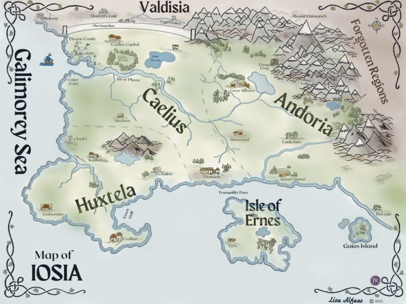 Map of Iosia the fantasy kingdom in the YA fantasy book series Thorne Chronicles by Lisa Alfano