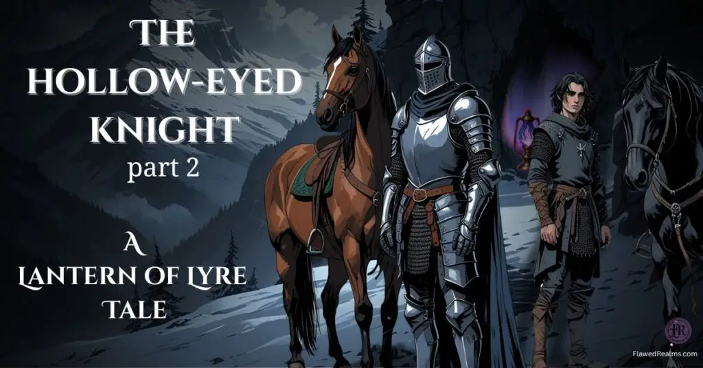 Fantasy knight, young squire & two stallions standing in front of a mountain cave with a cursed relic, the Lantern of Lyre, glowing from inside the cave opening, short story for Flawed Realms by Lisa Alfano