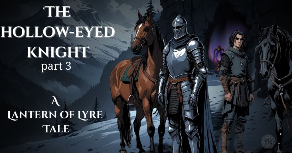 Two Stallions, A Medieval Knight and his Squire in front of a cave on Megiddo Mount with the enchanted Lantern of Lyre in the cave's opening